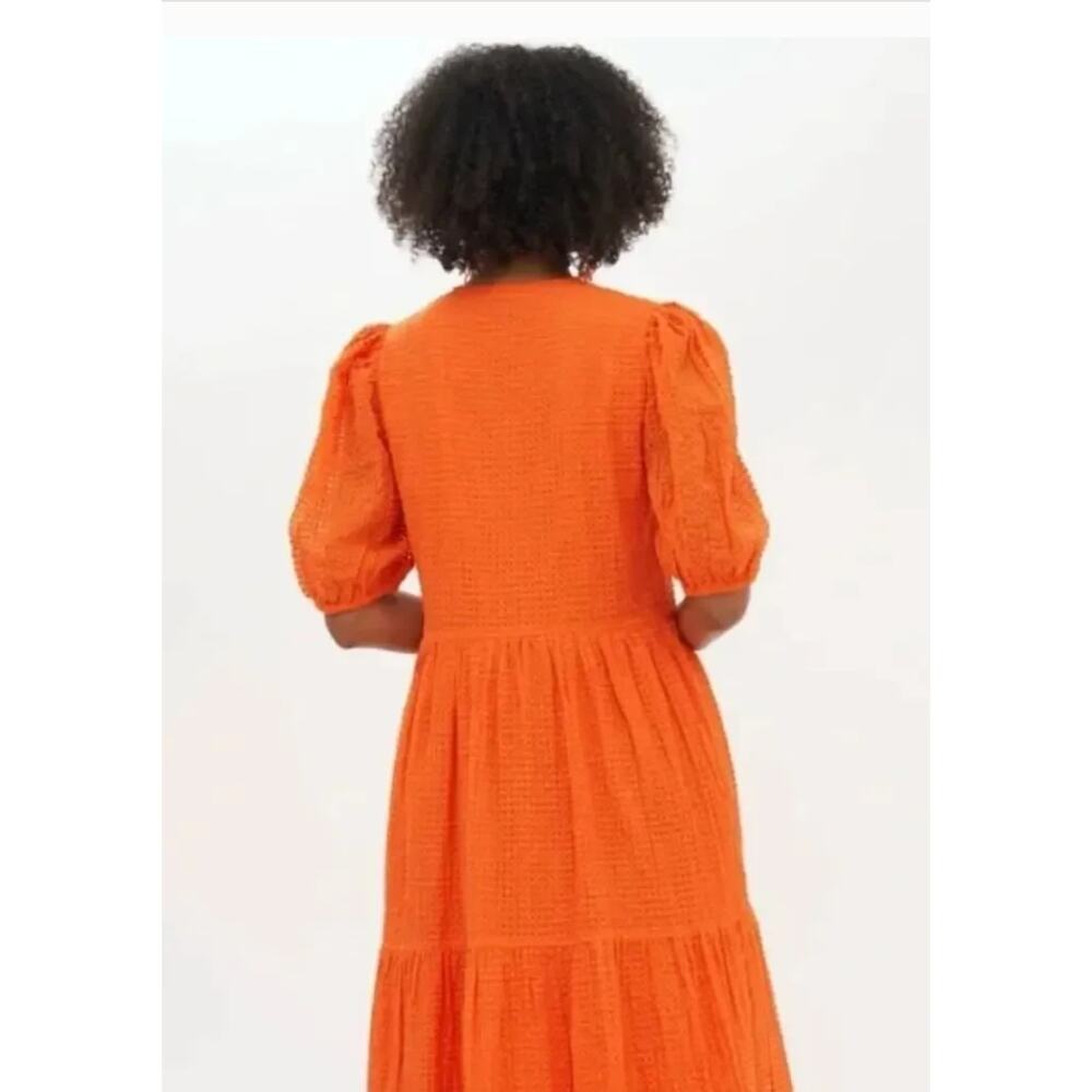 OLIPHANT Tuckernuck Puff Sleeve Maxi Dress Sunset Orange Basketweave Cotton - Picture 2 of 5